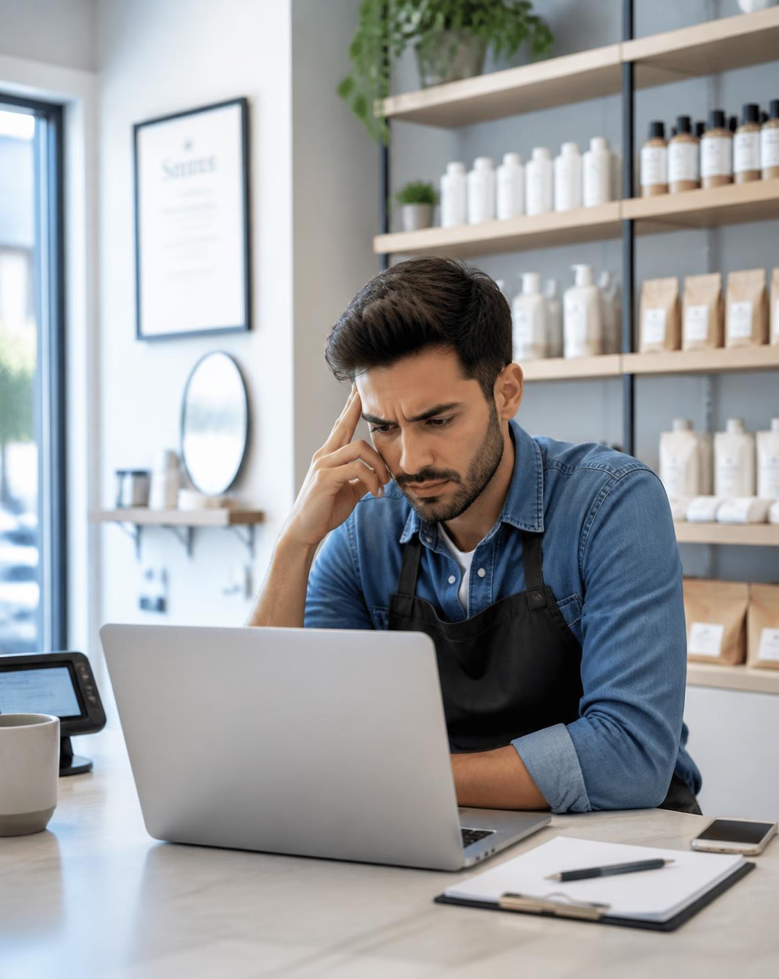 Dono de PME analisando os resultados da loja no notebook